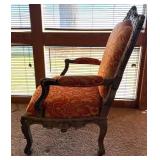 Louis XV Style Carved Wood Armchair & Damask Upholstery
