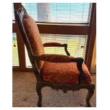 Louis XV Style Carved Wood Armchair & Damask Upholstery