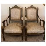 Pair of Carved Wood Armchairs with Damask Upholstery #1