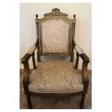 Pair of Carved Wood Armchairs with Damask Upholstery #1