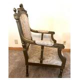 Pair of Carved Wood Armchairs with Damask Upholstery #1