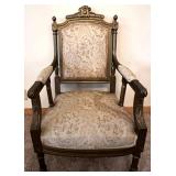 Pair of Carved Wood Armchairs with Damask Upholstery #1