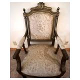 Pair of Carved Wood Armchairs with Damask Upholstery #1