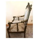 Pair of Carved Wood Armchairs with Damask Upholstery #1