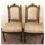 Pair of Antique Carved Wood Chairs & Damask Upholstery #2