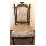 Pair of Antique Carved Wood Chairs & Damask Upholstery #2