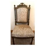Pair of Antique Carved Wood Chairs & Damask Upholstery #2