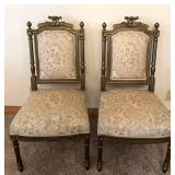 Pair of Antique Carved Wood Chairs & Damask Upholstery #3