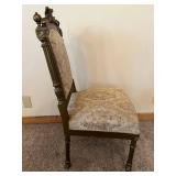 Pair of Antique Carved Wood Chairs & Damask Upholstery #3