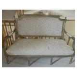 Antique-Style Damask Settee With Carved Wood Frame for Restoration