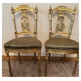 Pair of Gilded Lyre-Back Chairs & Green Damask Silk Upholstery