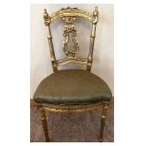 Pair of Gilded Lyre-Back Chairs & Green Damask Silk Upholstery