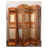 Panel Folding Screen Room Divider with Ornate Carved Crest