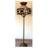Tiffany-Style Floor Lamp with Amber Glass Shade with Brown Slag Glass Panels
