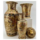 Set of 3 Decorative Chinese Porcelain Vases with Gilt Floral Design and Lid