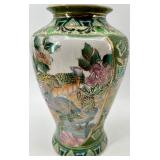 Pair of Vintage Asian Porcelain Vases with Peacock and Floral Motif