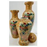 Set of 3 - Decorative Satsuma-Style Vases and Ginger Jar with Peacock and Floral Motif
