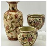 Lot of 3 - Hand-Painted Asian Ceramic Vases and Bowls/Flower Pots with Floral Design