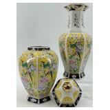 Set of 2 - Asian-Style Porcelain Vase and Ginger Jar with Floral and Bird Motifs