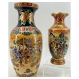 Pair of Satsuma Style Hand-Painted Decorative Vases with Floral and Geisha Scenes
