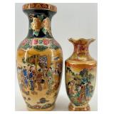 Pair of Satsuma Style Hand-Painted Decorative Vases with Floral and Geisha Scenes