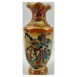 Pair of Satsuma Style Hand-Painted Decorative Vases with Floral and Geisha Scenes