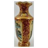 Pair of Satsuma Style Hand-Painted Decorative Vases with Floral and Geisha Scenes