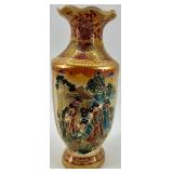 Pair of Satsuma Style Hand-Painted Decorative Vases with Floral and Geisha Scenes