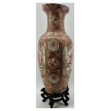 Large Decorative Asian-Style Porcelain Vase with Wooden Stand