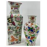 Pair of Hand-Painted Chinese Porcelain Vases with Floral and Butterfly Motifs