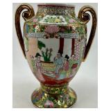 Pair of Hand-Painted Chinese Porcelain Vases with Gold Handles