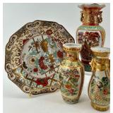 Set of 3 Decorative Chinese Porcelain Vases with Matching Plate