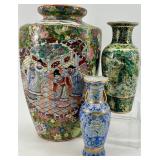 Set of 3 Decorative Asian Porcelain Vases with Floral and Figure Designs