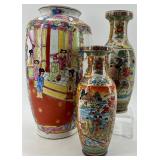 Set of 3 Hand-Painted Chinese Porcelain Vases with Decorative Scenes