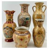 Set of 5 Decorative Asian Style Porcelain Vases with Floral and Scenic Designs
