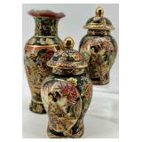 Set of 3 Satsuma Style Japanese Vases and Ginger Jars with Gilt Detail