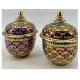 Set of 2 Hand Painted Thai Porcelain Covered Bowls with Gold Accents