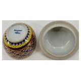 Set of 2 Hand Painted Thai Porcelain Covered Bowls with Gold Accents