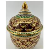 Set of 2 Hand Painted Thai Porcelain Covered Bowls with Gold Accents