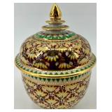 Set of 2 Hand Painted Thai Porcelain Covered Bowls with Gold Accents