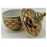 Set of 2 Hand Painted Thai Porcelain Covered Bowls with Gold Accents