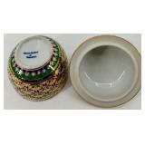 Set of 2 Hand Painted Thai Porcelain Covered Bowls with Gold Accents