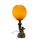 Antique Bronze Cherub Table Lamp with Orange Honeycomb Glass Shade