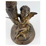 Antique Bronze Cherub Table Lamp with Orange Honeycomb Glass Shade