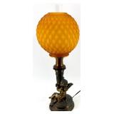 Antique Bronze Cherub Table Lamp with Orange Honeycomb Glass Shade