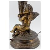 Antique Bronze Cherub Table Lamp with Orange Honeycomb Glass Shade