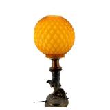 Antique Bronze Cherub Table Lamp with Orange Honeycomb Glass Shade