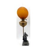Antique Orange Honeycomb Glass Globe Table Lamp & Cast Figurine Base
