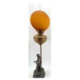 Antique Orange Honeycomb Glass Globe Table Lamp & Cast Figurine Base