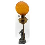 Antique Orange Honeycomb Glass Globe Table Lamp & Cast Figurine Base